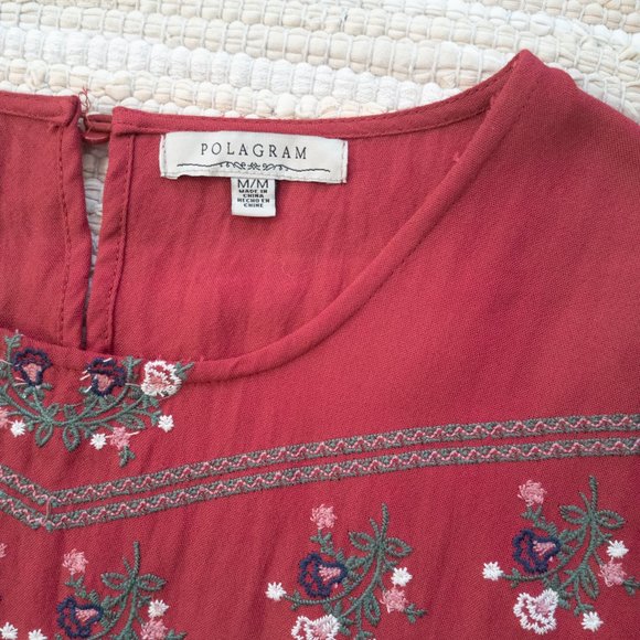 Polagram Red Long Sleeve Peplum Top with Folk Inspired Floral Embroidery Size M - Picture 3 of 12